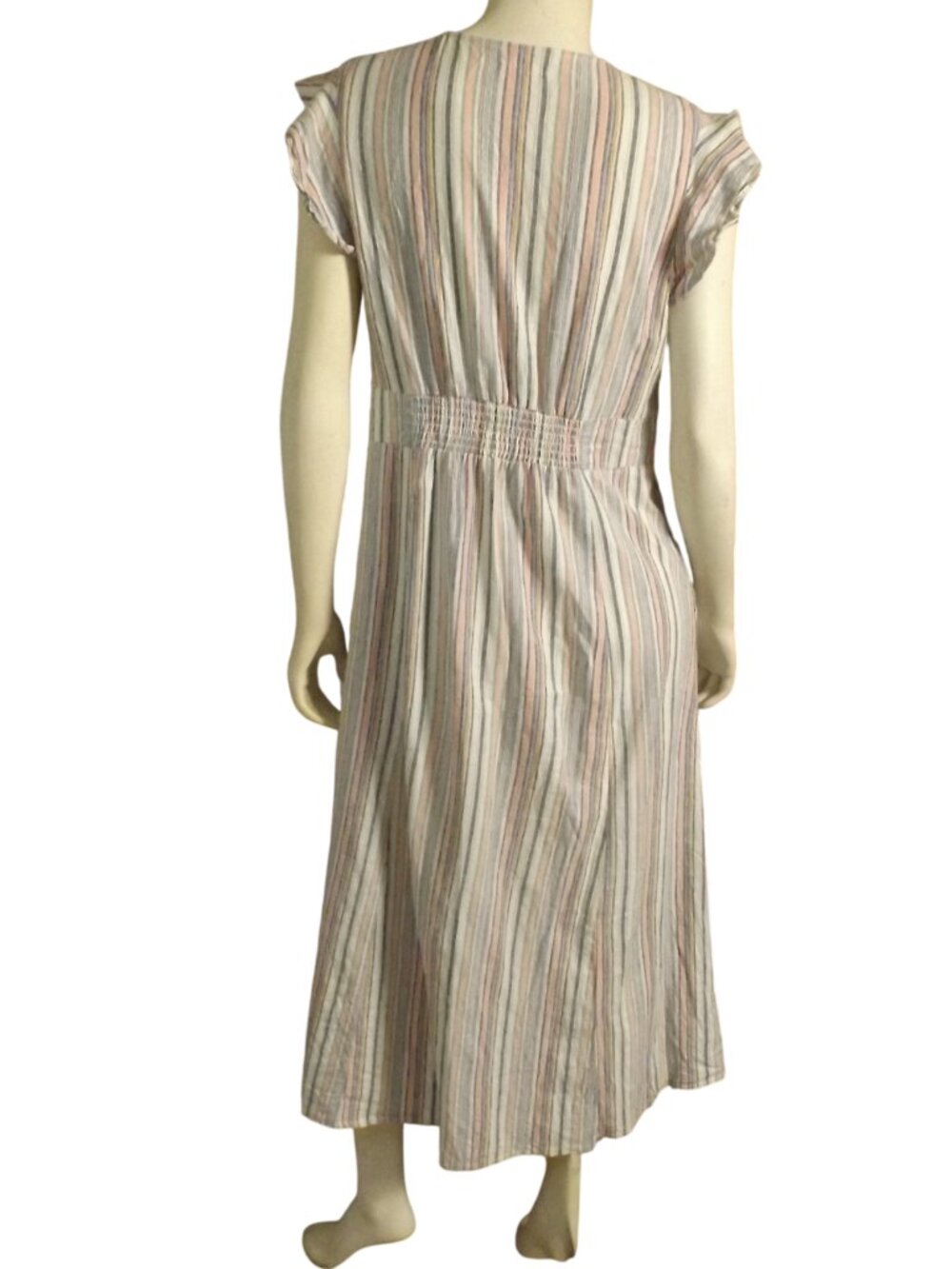 MARINE LAYER Midi Dress, L, Multicolor Stripes, Button front, Ruffle cap sleeve - Picture 5 of 15